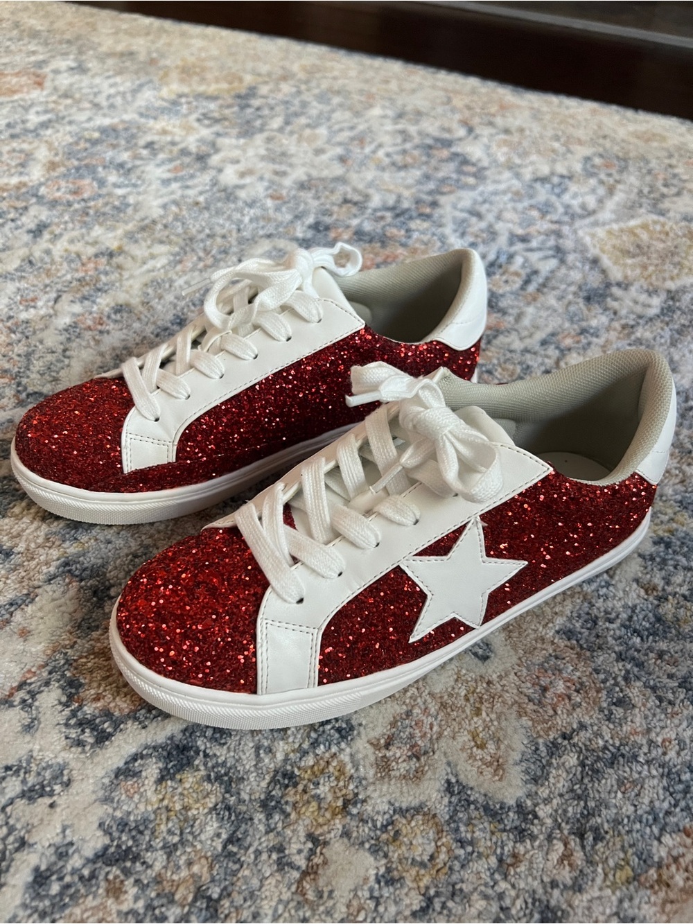 Red Glitter Star Sneakers with White Accents